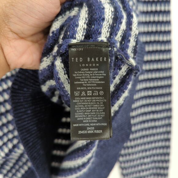 Ted Baker London Men 5 XL Riber Sweater Blue Chunky Turtleneck Wool Blend FLAW - Picture 5 of 8